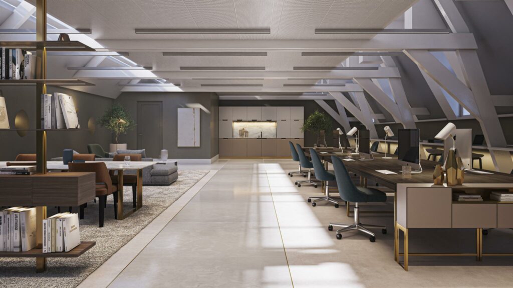 Modern ingericht kantoor met open werkplekken, designmeubilair en veel natuurlijk licht aan de Nieuwezijds Voorburgwal.